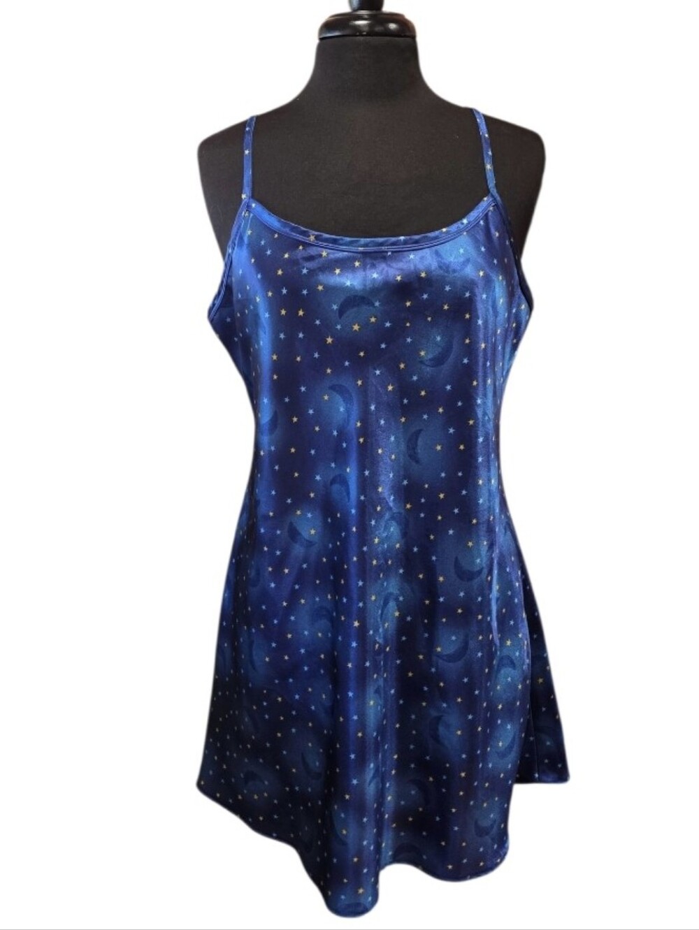Vintage Y2K Celestial Slip Blue Moon & Star Satin Chemise Kathryn XL Polyester